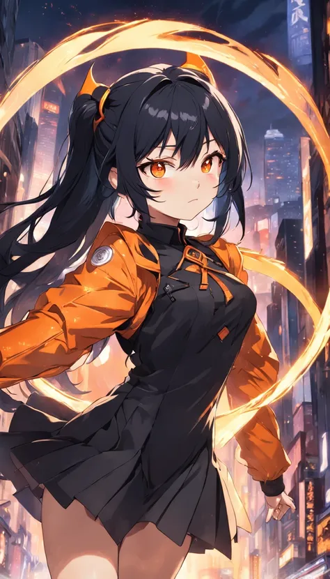 ember，19years old，black color hair，figure eight bangs，quadratic element，Orange eyes，Melon seed face，gold-wire glasses，Black suit dress，Two-dimensional city background，nevando，rays of sunshine