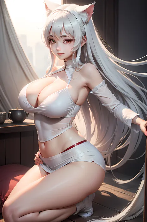 Long white shirt with bare thighs, gigantic cleavage breasts,Long white-gray hair, Red eyes, Cat ears, Smile, Superskirt, Masterpiece, hiquality,Anterior convex and posterior,enchanting