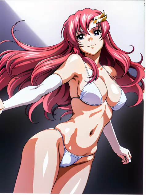 (masutepiece, 4K, Best Quality, Anime style: 1.9, (Solo), High color saturation, ultra  Detailed face, tall, Adult Woman, lovely, (White background), high resolution, Anime, lacus4. (White micro bikini top, micro thong), 1girl in, Solo, Long hair, 鎖骨, scap...