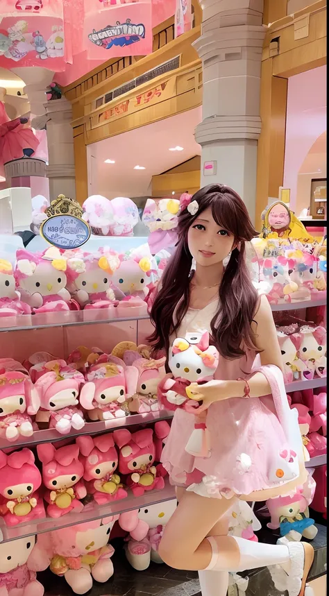 Arapei girl in pink dress standing in front of a display of Hello Kitty plush toys, the woman holds more toys, sanrio ornaments, 🎀 🗡 🍓 🧚, sanrio, sakimichan, Cute:2, belle delphine, 🎀 🧟 🍓 🧚, sakimi chan, Gemma Chen, 8K)), leaked image