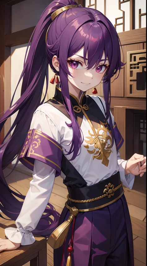 young boy, long purple hair, high ponytail, red-eyes, Chinese purple short-sleeved shirt, Via Hanifa, smirk, Feather Fan, Masterpiece, hiquality