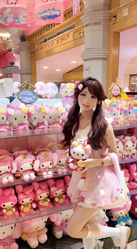 Arapei girl in pink dress standing in front of a display of Hello Kitty plush toys, the woman holds more toys, sanrio ornaments, 🎀 🗡 🍓 🧚, sanrio, sakimichan, Cute:2, belle delphine, 🎀 🧟 🍓 🧚, sakimi chan, Gemma Chen, 8K)), leaked image