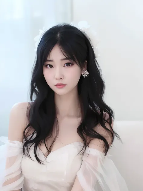 Close-up of a woman in a white dress sitting on a sofa, white hime cut hairstyle, gorgeous chinese models, cute delicate face, xintong chen, Yun Ling, shaxi, pale milky white porcelain skin, Gorgeous young Korean woman, xision wu, Cai Xukun, belle delphine...