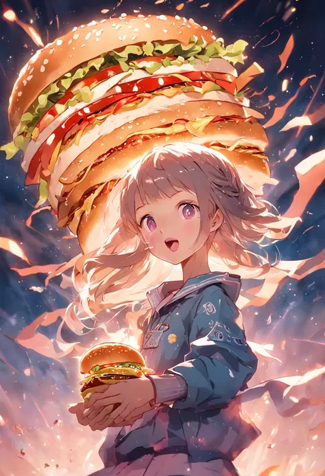 ((best qualityer)), ((tmasterpiece)), (highly  detailed:1.3) Wind and the Universe,A young girl holds a burger in both hands,Hamburg has the word Chinese in it