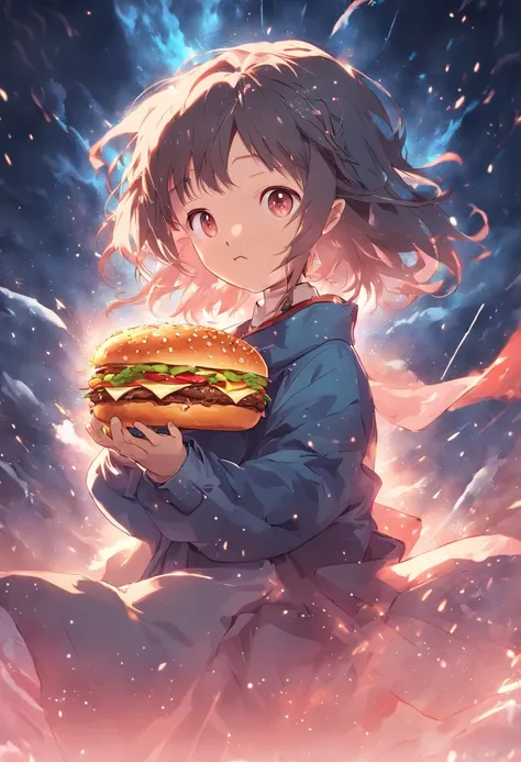 ((best qualityer)), ((tmasterpiece)), (highly  detailed:1.3) Wind and the Universe,A young girl holds a burger in both hands,Hamburg has the word Chinese in it