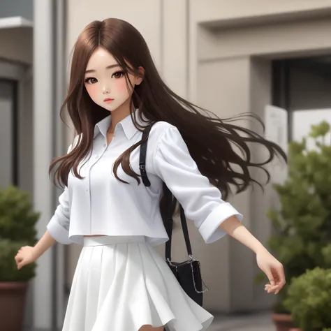 White clothes, white skirts, brown hair, brown eyes, female black silk