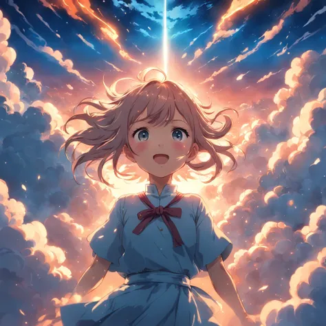 masterpiece, best quality, movie still, 1girl, cloud girl, floating in the sky, close-up, bright, happy, warm soft lighting, sunset, (sparks:0.7)