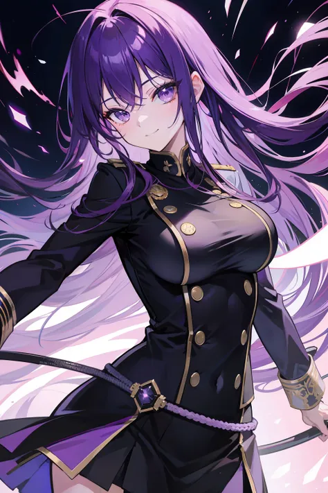 Purple hair big breasts，Beautuful Women，Tilting his head and smiling，Black navy uniform，
Holding a long whip，
tmasterpiece，Highest image quality