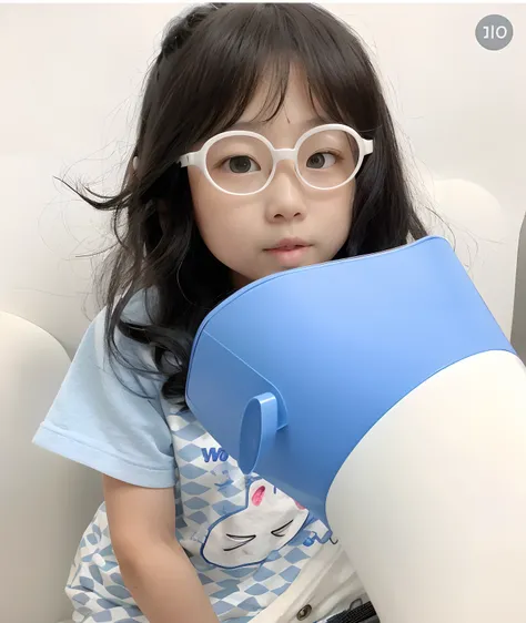 There was a little girl with glasses holding a blue and white hair dryer, jaeyeon nam, ( ( eye glass ) ), a girl with round glasses, Girl with glasses, With glasses, wearing thin large round glasses, wearing small round glasses, Kim Tae-joon, sleek oled bl...