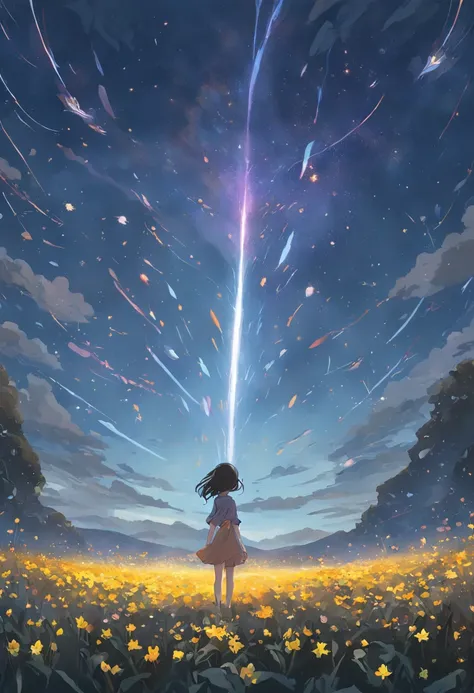 Expansive landscape photograph，（look from down，Above is the sky，Below are open fields），A girl standing on a flower field looking up，（moon full：1.2），（meteors：0.9），（Starcloud：1.3），Far Mountain, Tree BREAK making art，（Warm light source：1.2），（glowworm：1.2），lam...