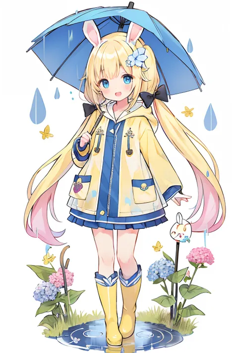 1girl,rainbow,raincoat,yellow raincoat,rubber boots,hydrangea,flower,long hair,twintails,boots,blush,umbrella,open mouth,hair ornament,white background,hood,solo,teruterubouzu,very long hair,hood up,long sleeves,low twintails,bow,bangs,smile,animal hood,bl...