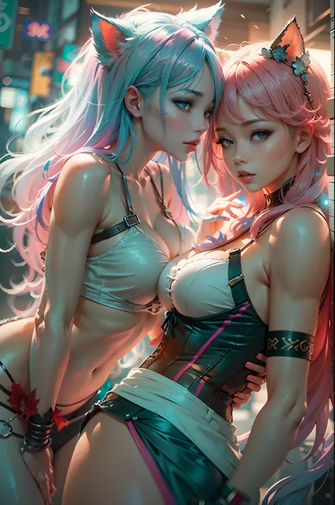 anime - style image of two women with pink and blue hair smal booty dressed in red and blue corset,  pose in Akihabara for a foto shooting, wlop and sakimichan, attractive cat girl, artwork in the style of guweiz, fantasy art style, 2. 5 d cgi anime fantas...