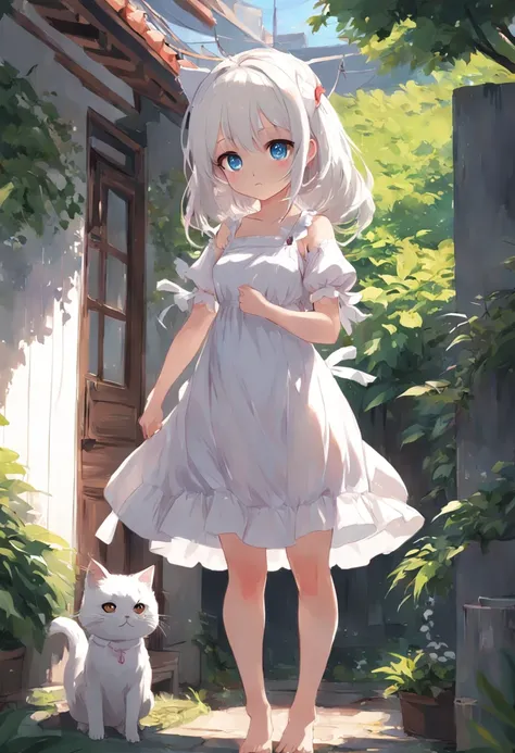 Anime girl in white dress standing in garden with cat, Hang the laundry out to dry，loli in dress, small curvy loli, artwork in the style of guweiz, guweiz on pixiv artstation, guweiz on artstation pixiv, guweiz, small loli girl, soft anime illustration, An...