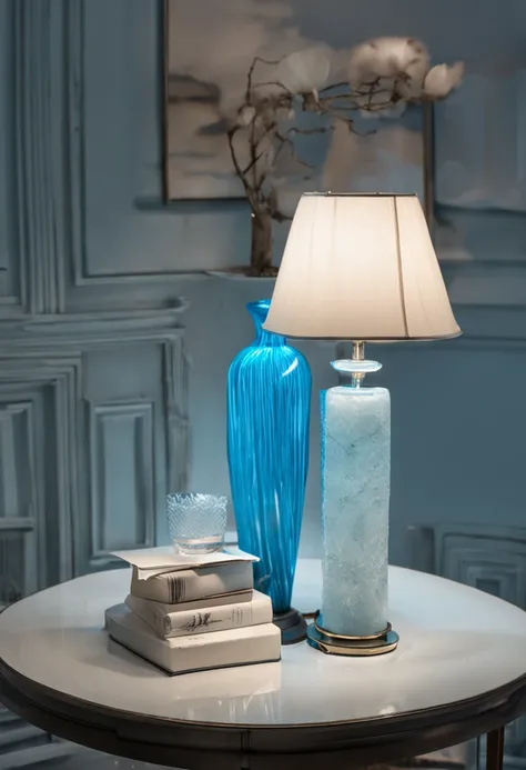 There was a blue glass lamp on the table，Shades of white, famous designer lamp, The standing lights are luxurious, light fixtures, light blues, mellow sky blue lighting, soft blue light, table light, with blue light inside, stylish lighting, Blu-ray accent...