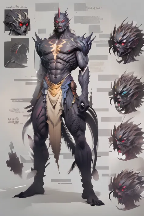 Game character standing drawing design，Hell creatures，short，Strong limbs，Muscle explosions，Covered with scales and barbs，cunning，shadowy，uncanny，terroral，scythe，Fighting posture，（full bodyesbian：1.4），with black background，clean backdrop，depth of fields，hig...