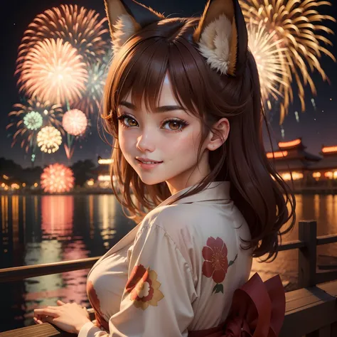 Fox Girl、Fireworks Festival、Women in Their 20s、de pele branca、A refreshing smile、Narrowed eyes、Brown hair、Gentle、Yukata