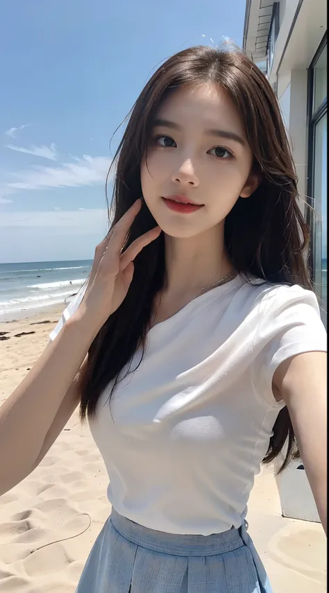 ((Best picture quality, 8K, tmasterpiece: 1.3)), self-shot, Sharp focus: 1.2, A cute beauty with a perfect figure: 1.4, Slim, ((Brown hair black)) , (whitet-shirt，pleatedskirt，Highly detailed face，Happy expression，standing on your feet：1.2），（（with blue sky...