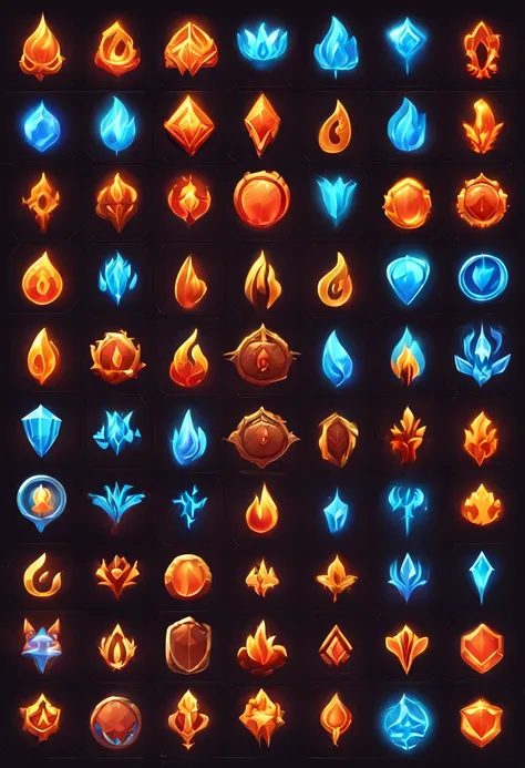 A set of flame icons for gaming, game icon asset, fantasy game spell symbol, game icon stylized, gameicon, fantasy game spell icon, flame stones are scattered, holy fire spell art, Fantasy elements, league of legends arcane, Magical elements, fantasy game ...