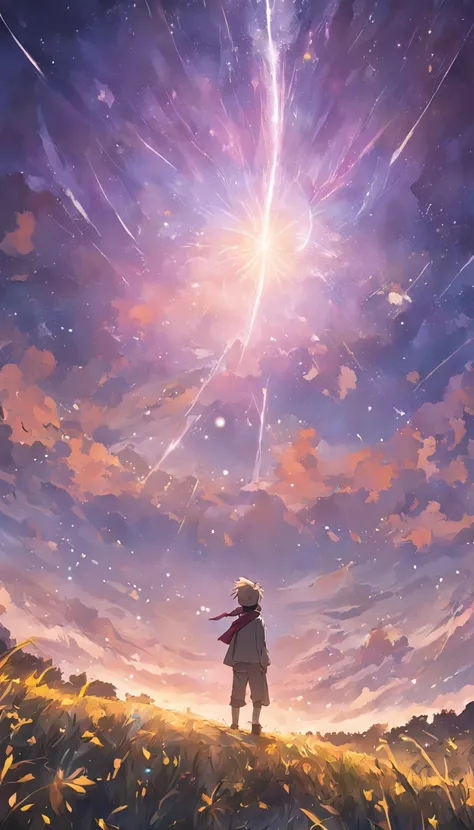 Expansive landscape photograph，（look from down，Above is the sky，Below are open fields），A little boy standing on a flower field looking up，（moon full：1.2），（meteors：0.9），（Starcloud：1.3），Far Mountain, Tree BREAK making art，（Warm light source：1.2），（glowworm：1....