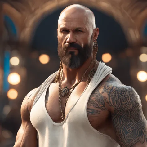 ((Cinematic light, Best quality, 8k, Masterpiece :1.3)), (extremely detailed:1.2), (extremely detailed face), (photorealistic:1.2), (ultra detailed), 8k, (((guy))), full body shot, close up muscular body, (light brown beard), light brown coloured facial ha...