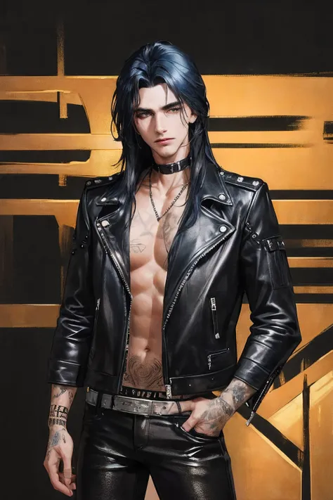 photography of a heavy metal star, a solo man, 25 years old, singer, bad boy, (black eyes), expressive look, long dark blue black hair, (((bar background))), straight hair, blueshine hair, unshaven, black leather jacket, long sleve jacket, leather pants, c...