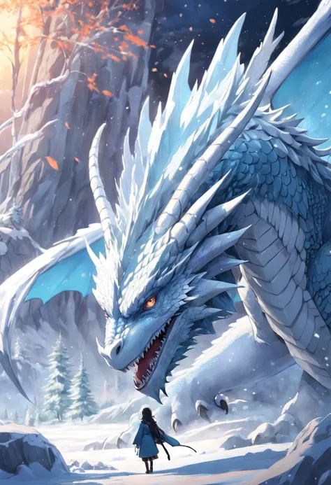 Frost Dragon, Snow-white scales, Majestic and majestic, Icy breath, Cold environments, massive wings, On the ground covered with snow and ice, Spew out icy dragon breath