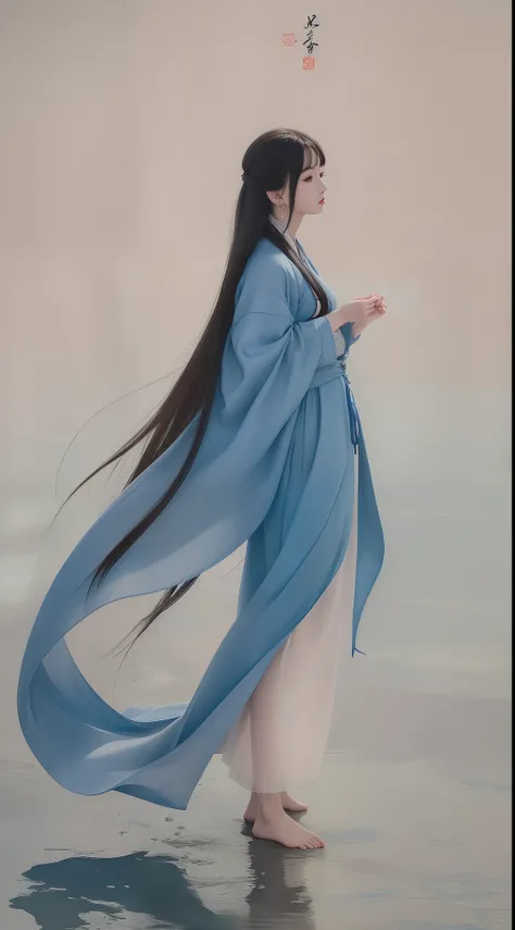 (4K，tmasterpiece，Best Picture Quality)，Ink wind，Traditional chinese painting，lotuses，Hanfu，long  skirt，conservative dress，solo person，blue long hair，ssmile，standing on your feet，feet in water，The barefoot。