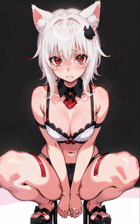 Best quality, (masterpiece:1.2), highly detailed, beach, cat ears, 1girl, solo, tojo koneko, looking at the viewer, closed mouth, (upper body:1.2), medium breasts, red eyes, white hair, short hair, hair decoration, ((bra)), erotica, blushed, (simple backgr...