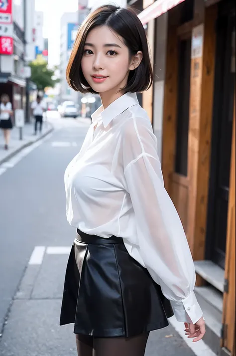 Office lady in short skirt and white shirt is walking down the street, (Wearing pantyhose), 165 cm tall, Japanese Models, Short Layer Hair、japanaese girl,Gorgeous young Japan woman, A smile、goddess of Japan, Elite women, Classy face、Realistic Pantyhose、Raw...