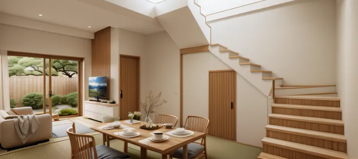 (japan livingroom:1.2), (actual photo:1.2), daylight, unreal engineer 8k, full hd 8k, cinema light, warm light, dining table and...