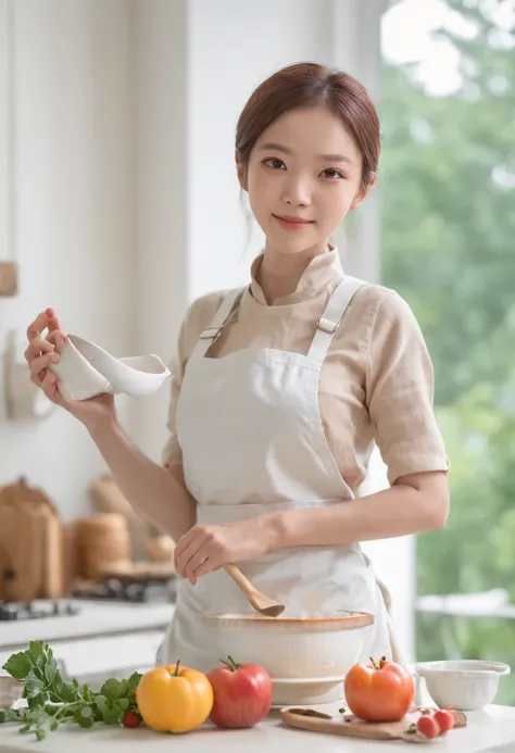 kitchin、a woman is cooking、White vest、White Apron、long trousers、Hold the pot with your left hand、touch your head with your right hand、Background windows let in light、Sunnyday、Background Kitchen Water Practice、Fluency、small tit、Cute smile、horse tails、Bright...