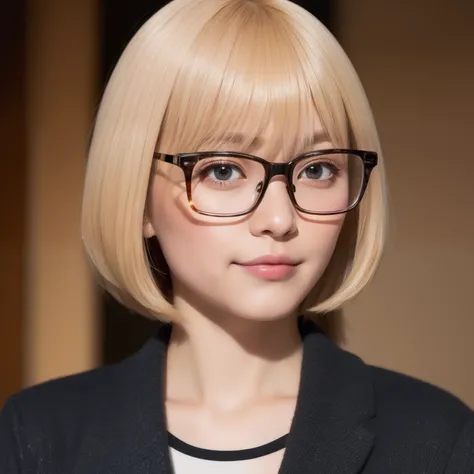 ((Japan Beauty))、kawaii、Super beautiful、8K、realisitic、HDTV、a blond、bob cuts、Rimless glasses