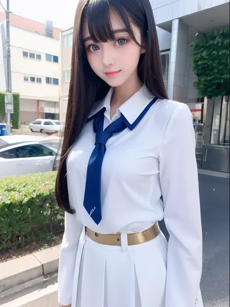 porate、School uniforms、bright expression、young and shiny white shiny skin、shiny cheeks、ultimate beauty girl、Best Looks、The most gorgeous and beautiful brunette in the world、Super long silky straight hair、Beautiful bangs that shine、Big light blue eyes that ...