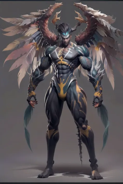 game character standing drawing design，creatures of paradise，strong limbs，muscle explosions，massive wings，feater，and the sun was...