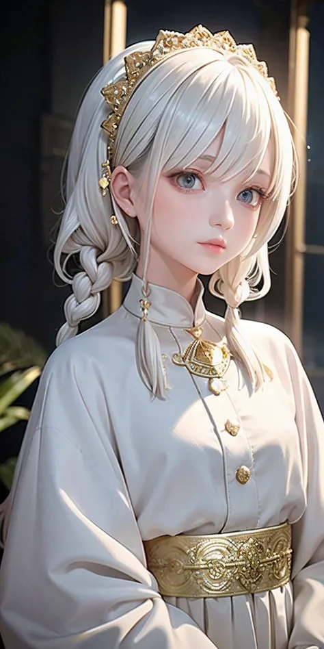 best quality, masterpiece,white hair, gold eyes,white clothes, looking up, upper body,hair strand,Fair skin,side braids