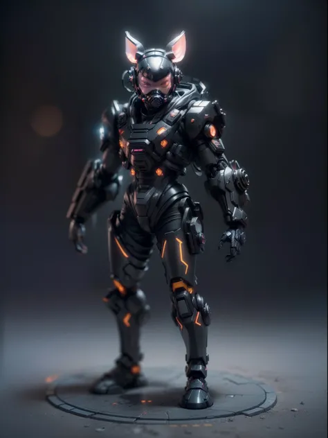 (Blind box toy style:1.3),((Full body shot)),(anthropomorphism),(1 strong pig warrior，solo）(((solo))),opaque mask，transparent plastic mecha,dreamy glow, cyberpunk style，Clean black background,black style，(circular base）( Global illumination, Ray tracing, h...