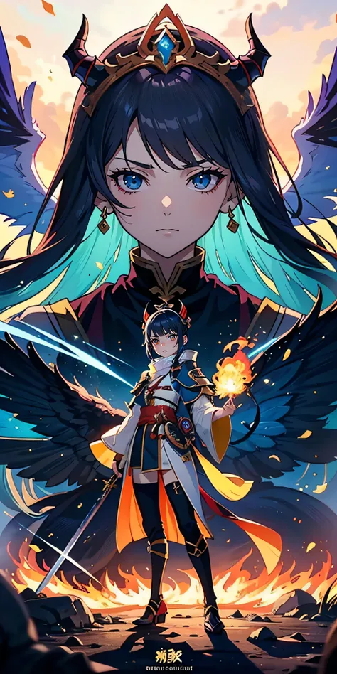 Anime figure，Dark villain，Beauty side face，Long hair flying，（gold
Colorful headdress），Two teenage girls back to back，（Simple head
helmet）Spark ashes burn，The samurai held a sword，Wear contrasting armor，The whole picture of the witch and the witch skeleton,...