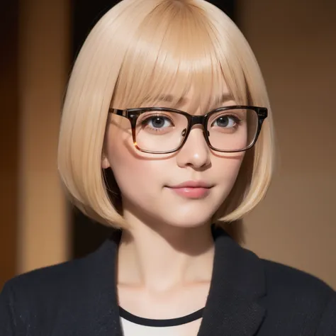 ((Japan Beauty))、kawaii、Super beautiful、8K、realisitic、HDTV、a blond、bob cuts、Rimless glasses