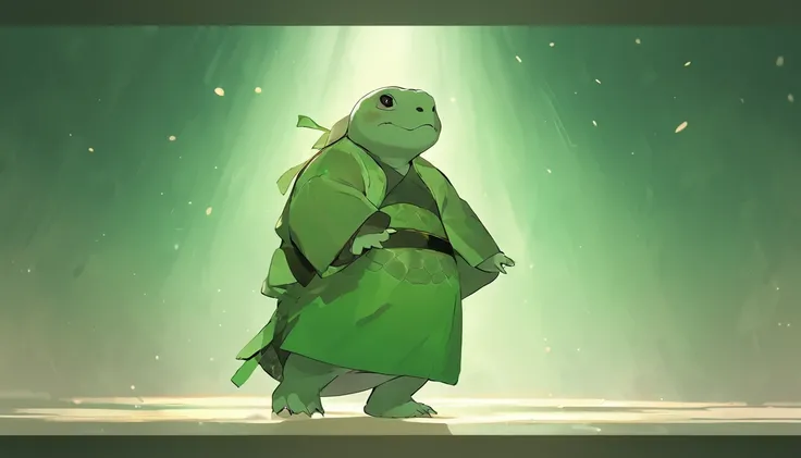 anthropomorphic turtle，Green background，simplebackground，solid color backdrop，Full body frontal photo，1 Cute Hanfu Panda Man，standing on your feet，full bodyesbian, Solo,frontage，facing away from audience, looking on the right side side of screen,  ssmile，B...