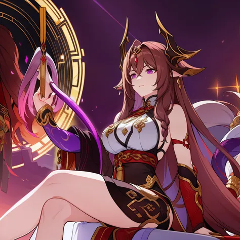 Woman, messy light brown long hair with a purple tint, dragon horns and tail, white and black Chinese dress with tight-fitting elements on her arms and legs, gold divine light, Gods gaze, a sun circle, indifferent and cold gaze, light lipstick, light eyes