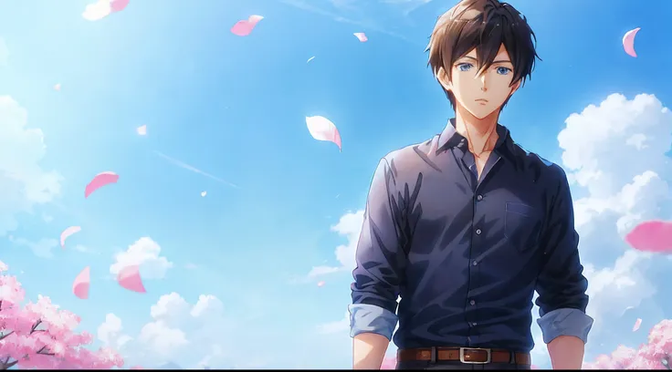 anime people in blue shirts and black pants standing in front of the blue sky, anime handsome man, handsome anime pose, young an...