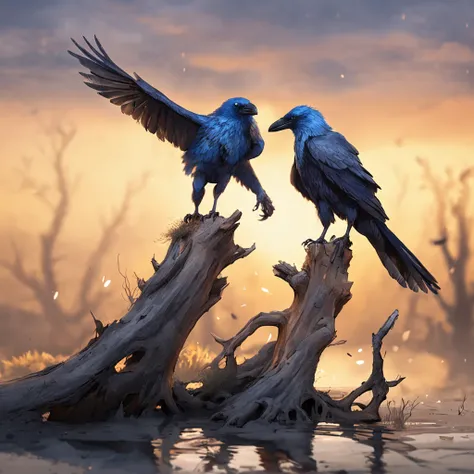 Two crows on a dead tree, A shadow shaped like a walker, Starry night, Thick fog on the ground, Blue light on the horizon, Unreal Engine 5, Cinematic, low angle photography, Motion blur, Depth of field, Dust, Cobblestones and dirt. Splash Art, dripping pai...