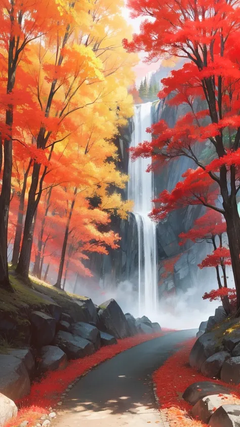 Red Forest, Extraordinary colorful landscape, stunning nature, beautiful iphone wallpaper, red trees, Stone path between tall trees, Beautiful waterfall niji in the forest during the day，with blue sky and white clouds，Far Mountain，