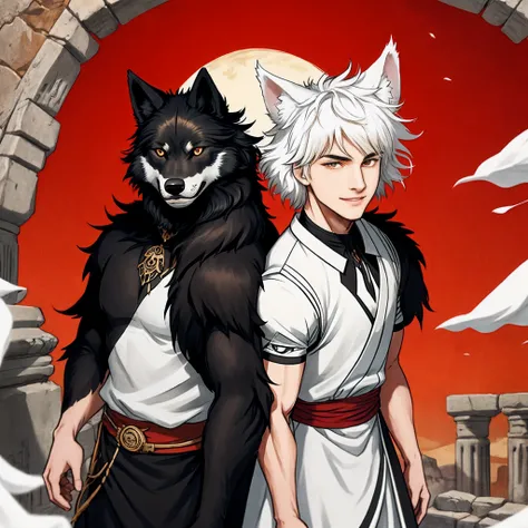 Short white fluffy hair，White animal ears，Young men，red color eyes，ssmile，ancient wind，Two-dimensional style，There are black wolves around