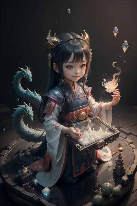 Chinese style， toys， ip， blindbox， magick， full bodyesbian， cute female child， Hanfu， good smile， long whitr hair， Super transparent， Transparent three-dragon material， ice cubes， Reflected light droplets，Particle， blueglow， Octane trend rendering on an ar...