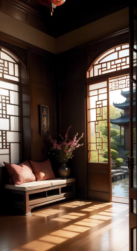 There are stone tables, Stone bench、Small bridge and flowing water courtyard，and the sun was shining brightly， Open roof，Flowers，Open the double door，It is surrounded by openwork carved windows，Pleasant view from the window，The scenery has an ancient Chine...