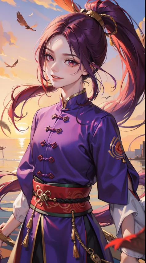 young boy, long purple hair, high ponytail, red-eyes, Chinese purple short-sleeved shirt, Via Hanifa, smirk, Feather Fan, Masterpiece, hiquality