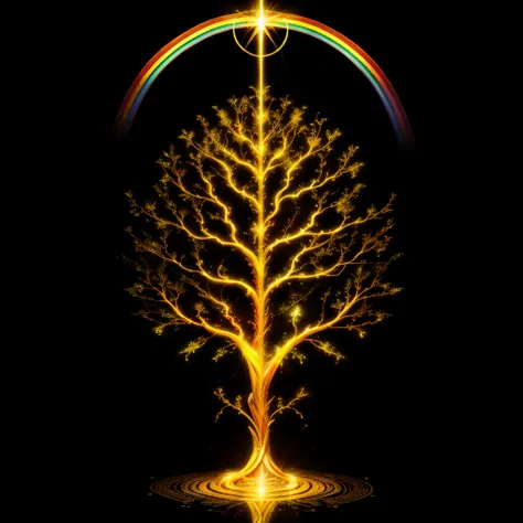 bodhi tree, symbol of buddhism, iridescent in rainbow colors, with a golden aura around him with a very bright divine light desc...