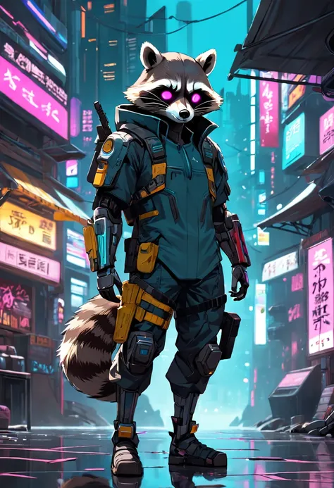 Agent raccoon cyberpunk style full body, Tech armor, Masks have no face,