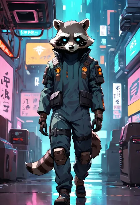 Agent raccoon cyberpunk style full body, Tech armor, Masks have no face,